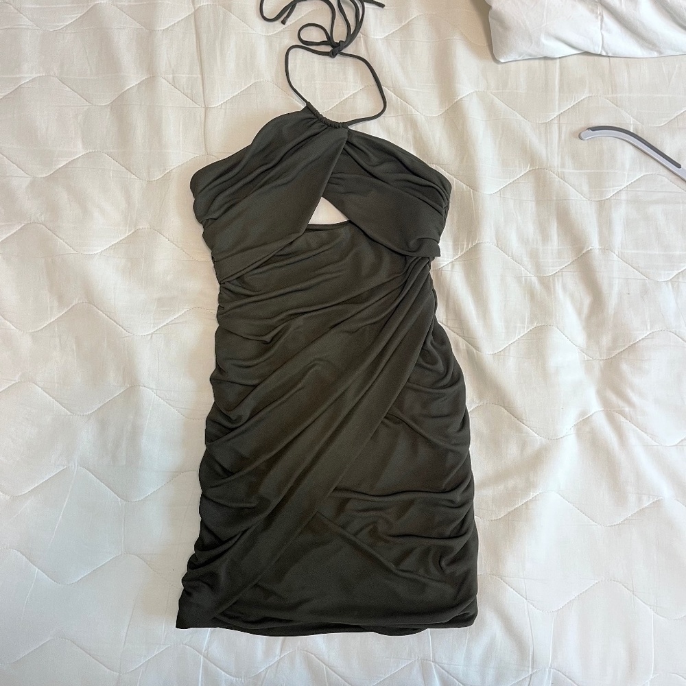 ZARA dark green ruched halter dress